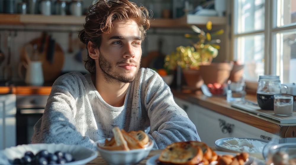 man sits table with food plate bread